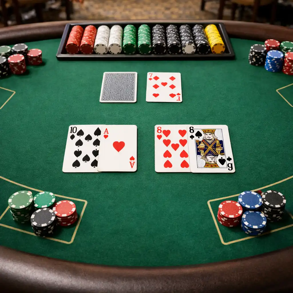Blackjack asztalok félköríves elrendezésben, zöld posztóborítással, kártyákkal és zsetonokkal