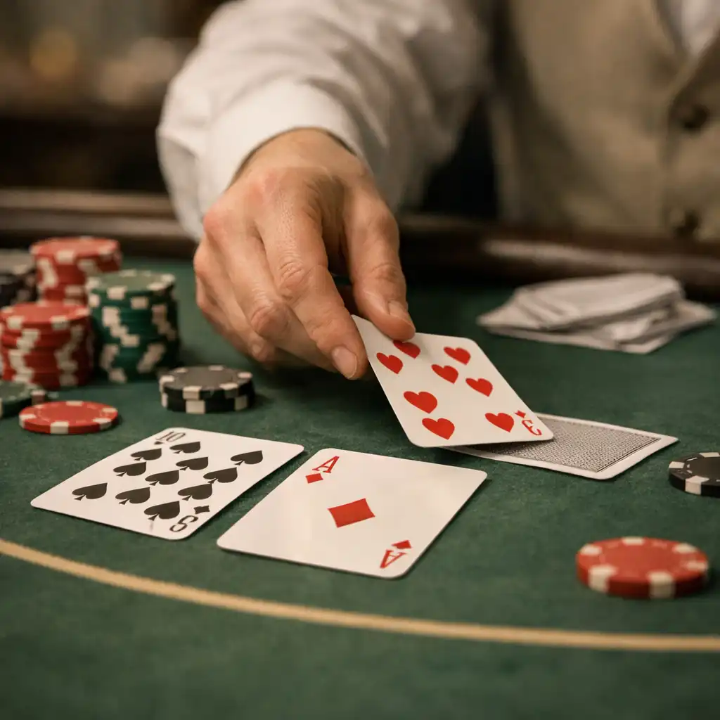 Közeli kép egy blackjack asztalról, ahol az osztó éppen kártyát oszt