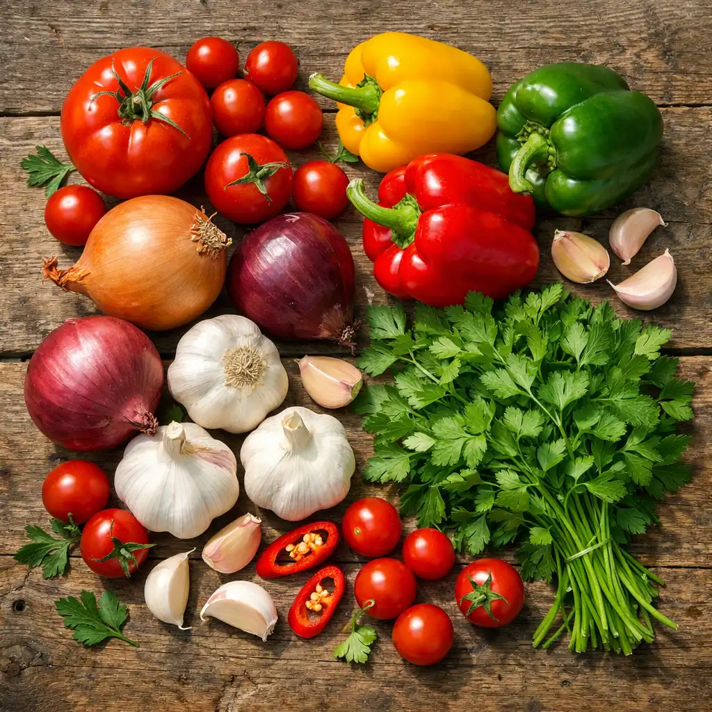 Friss zöldségek és fűszernövények egy faasztalon: paradicsom, paprika, hagyma, fokhagyma, petrezselyem